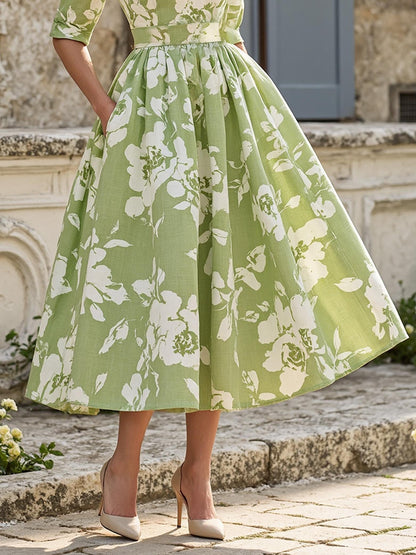 Robe midi en lin, manches courtes, col en V, motif floral, poches, vintage, vert