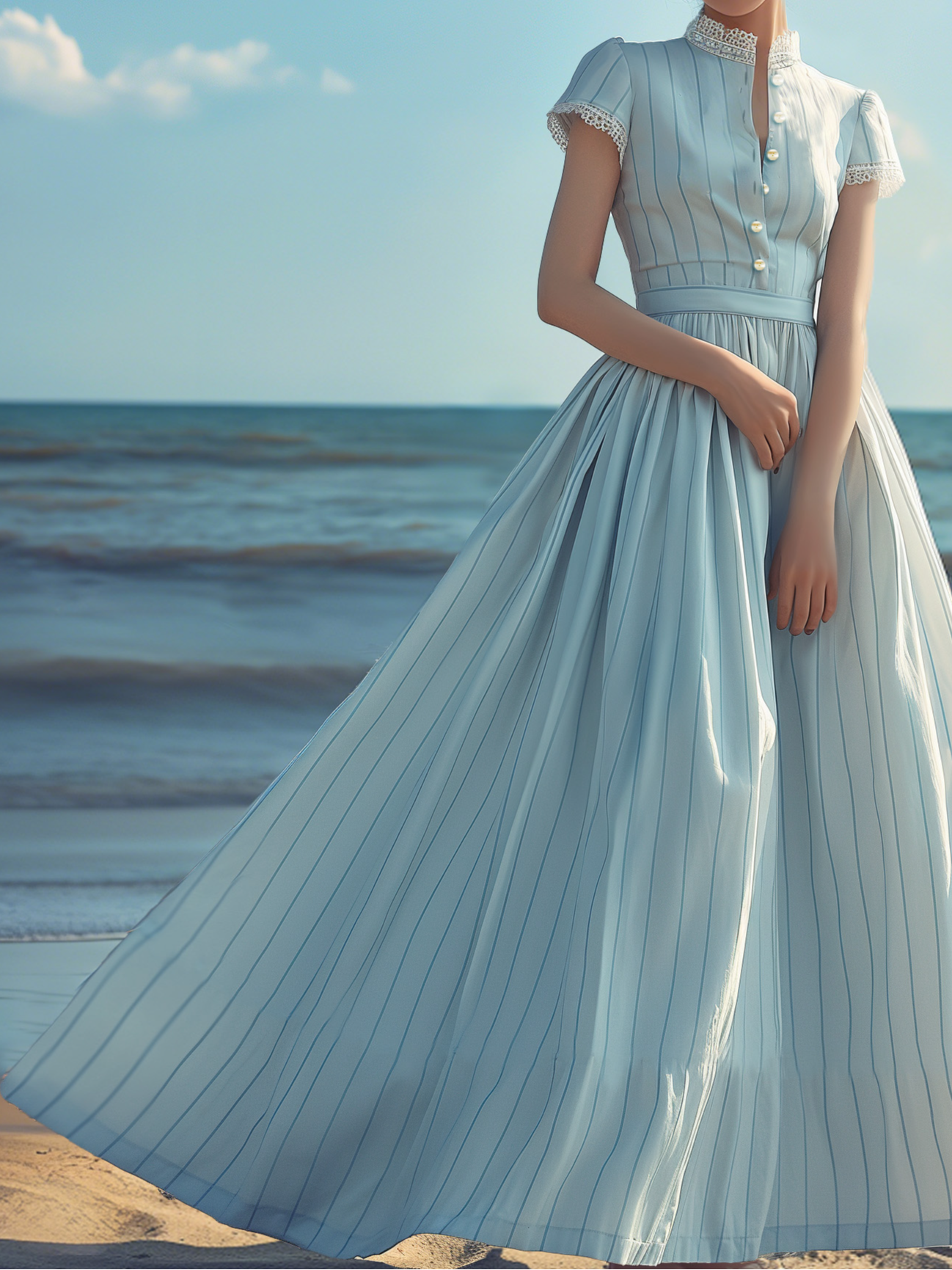 (TAILLE:XS-XXL)Robe longue, Vintage, Été, Naturel, Coupe trapèze, Col en dentelle, Manches courtes, Bleu