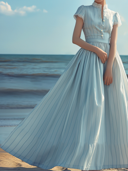 (TAILLE:XS-XXL)Robe longue, Vintage, Été, Naturel, Coupe trapèze, Col en dentelle, Manches courtes, Bleu