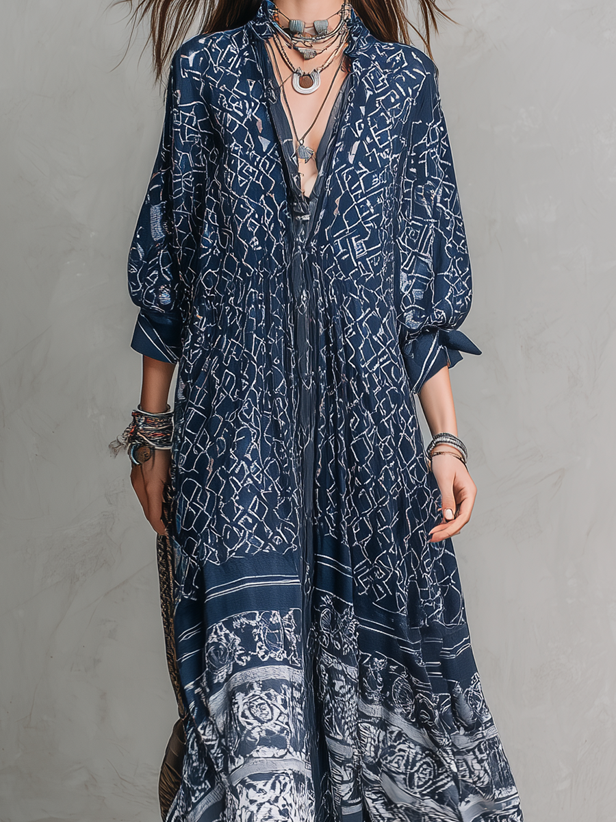 Robe longue rétro à imprimé ethnique bleu indigo