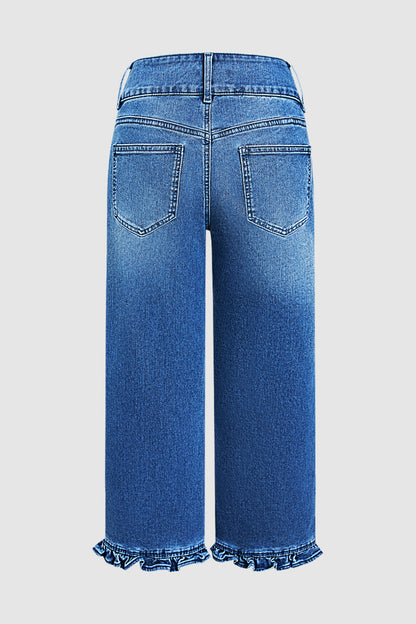 Wash Ruffle Hem Asymmetrical Mid Waist Wide Leg Cropped Jeans