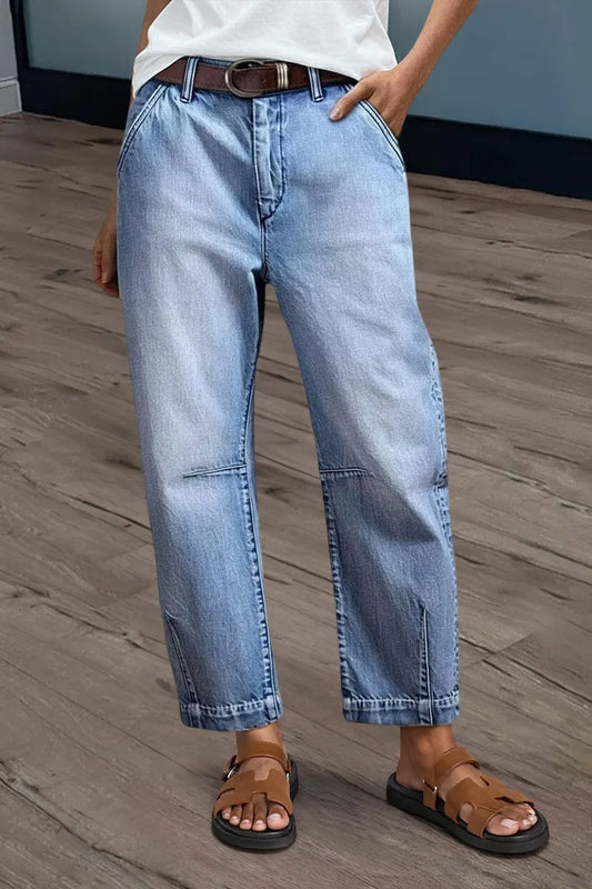 Wash Stitch Detail Mid Rise Barrel Leg Crop Jeans Without Belt