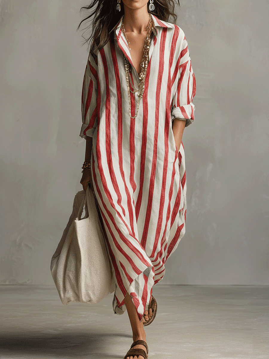 Chemise rayée décontractée Robe longue style bohème