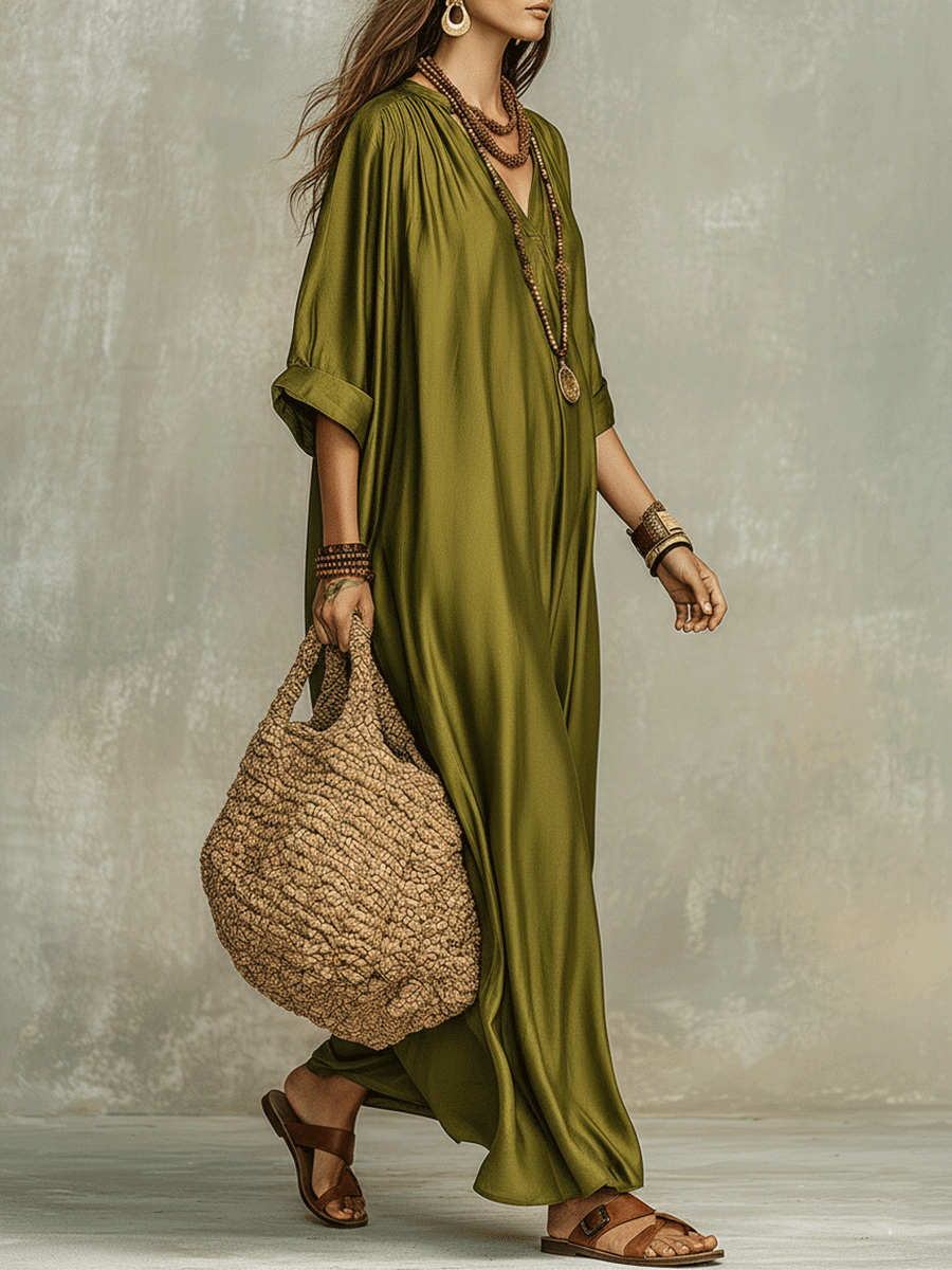 Robe longue bohème décontractée vert olive
