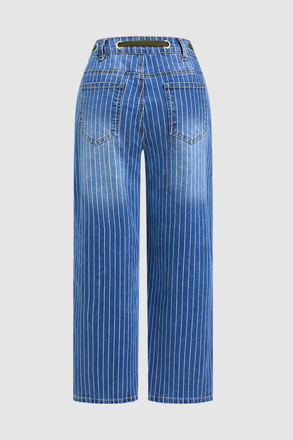 Pinstripe Drawstring Patched Pocket High Waist Straight Leg Crop Jeans