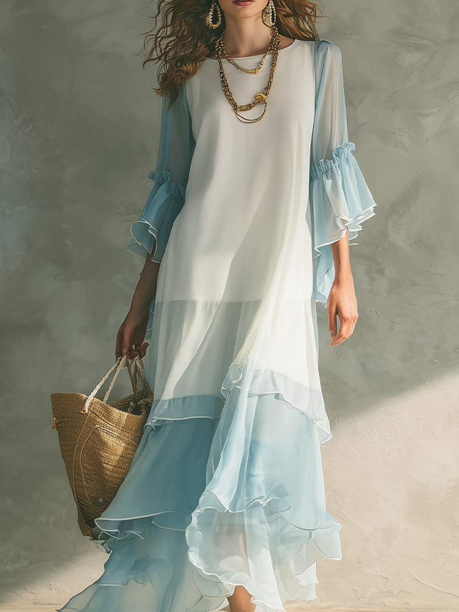Robe longue étagée en mousseline de soie bleu clair, fraîche et rafraîchissante
