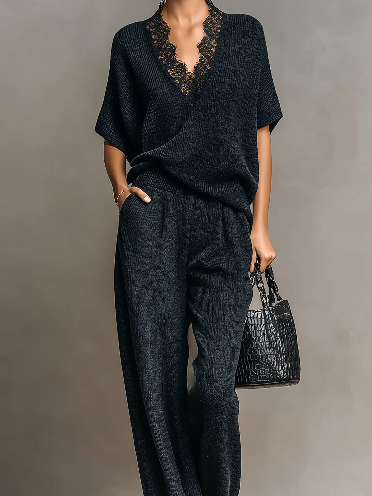 Chic Vintage Black V-Neck Lace Details Short-Sleeve Loose-Fit Top And Wide-Leg Pants Ribbed Knit Two-Piece Set