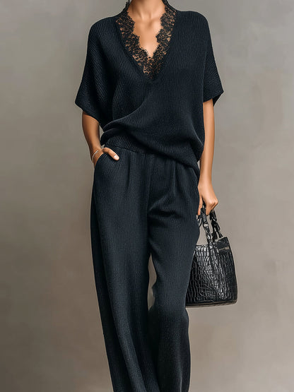 Chic Vintage Black V-Neck Lace Details Short-Sleeve Loose-Fit Top And Wide-Leg Pants Ribbed Knit Two-Piece Set
