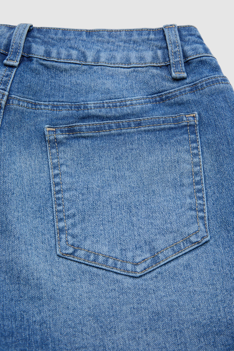Button Tab Mid Waist Denim Mid Thigh Shorts
