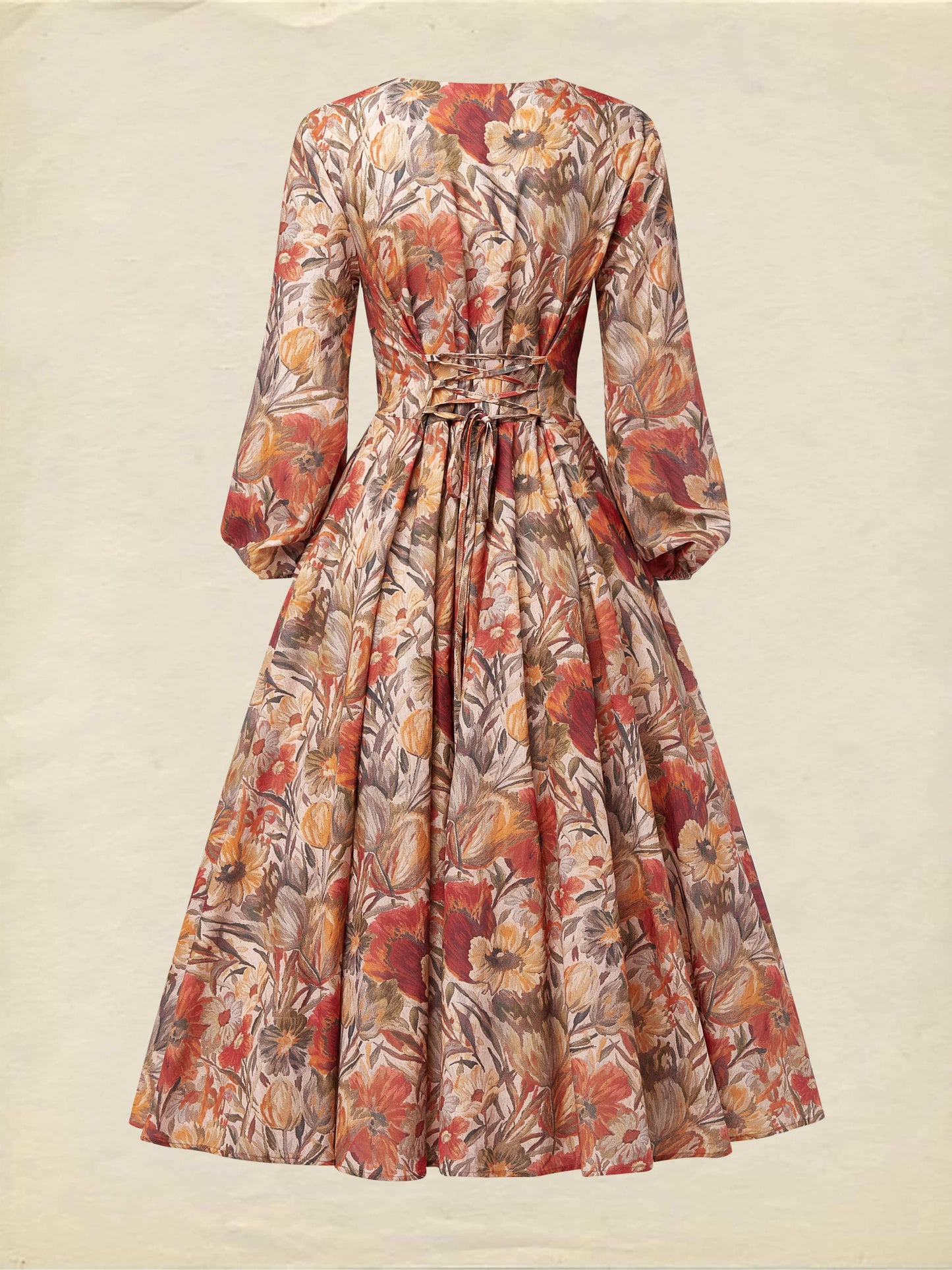 Robe Midi en Lin, Manches Longues, Col V, Florale, Poches, Vacances, Vintage, Jaune-Marron