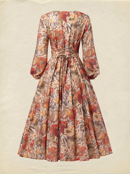 Robe Midi en Lin, Manches Longues, Col V, Florale, Poches, Vacances, Vintage, Jaune-Marron