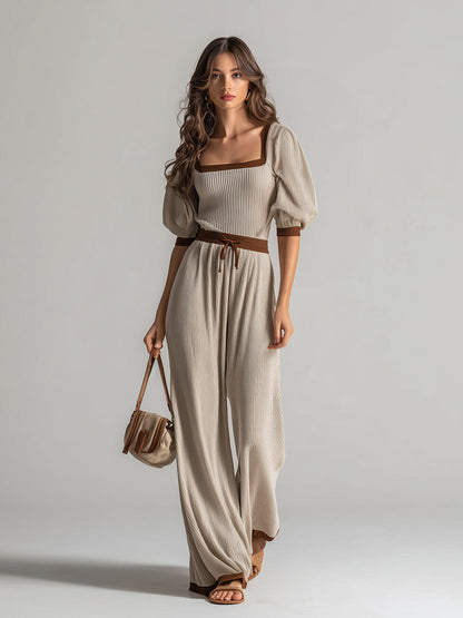 Chic Elegant Beige-Coffee Colorblock Square Neck Half-Sleeve Sweater Drawstring Waist Wide-Leg Pants Knit Two-Piece Set