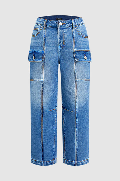 Wash Flap Pocket Stitch Detail Mid Waist Straight Leg Cropped Jeans Without Belt
