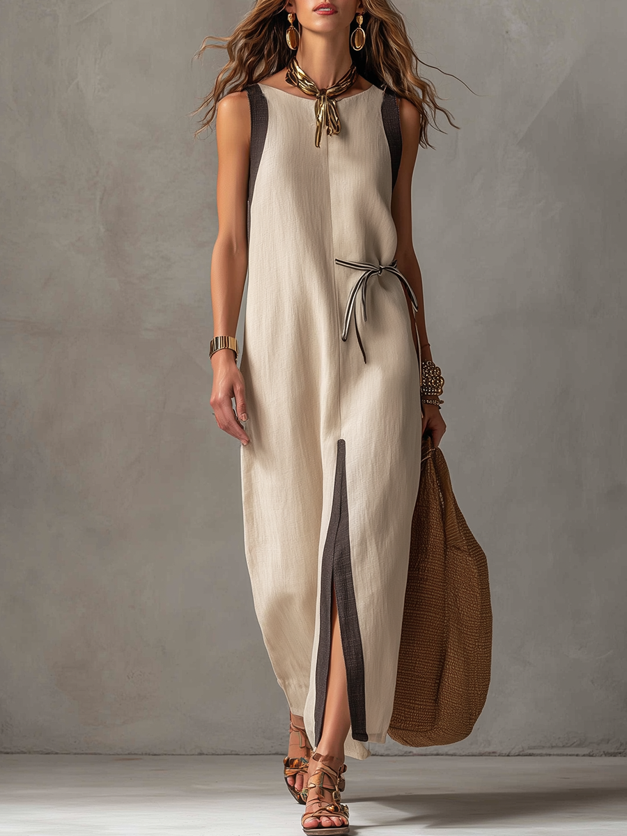 Robe longue Bohème en Lin à blocs de couleur avec ceinture