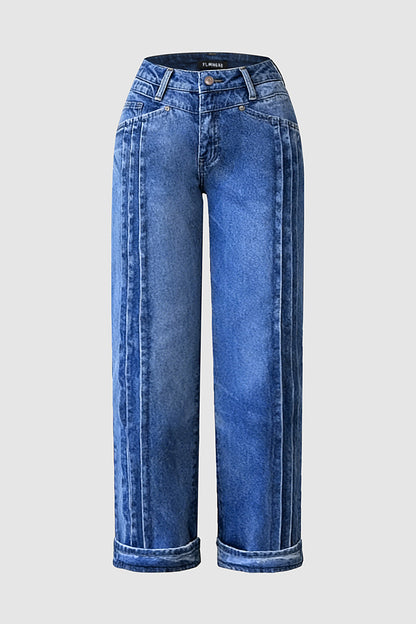 Wash Pleated High Rise Straight Leg Crop Jeans Without Belt