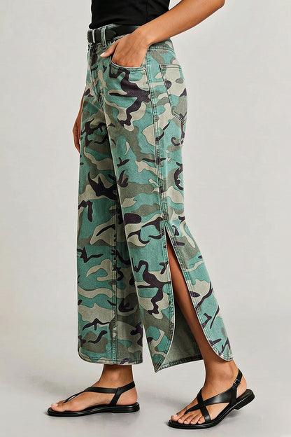 Camo Pattern Split Mid Waist Wide Leg Crop Pants Without Belt