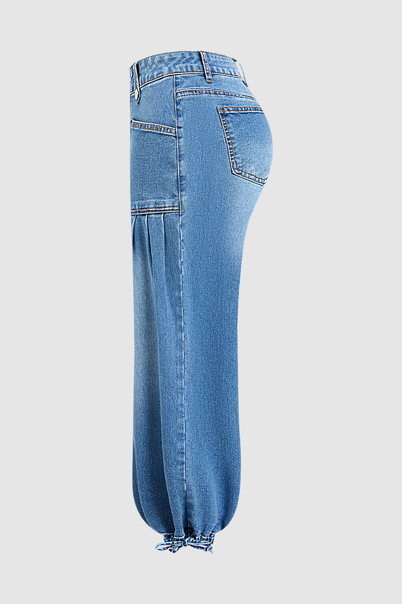 Wash Drawstring Hem Mid Rise Cropped Wide Leg Jeans