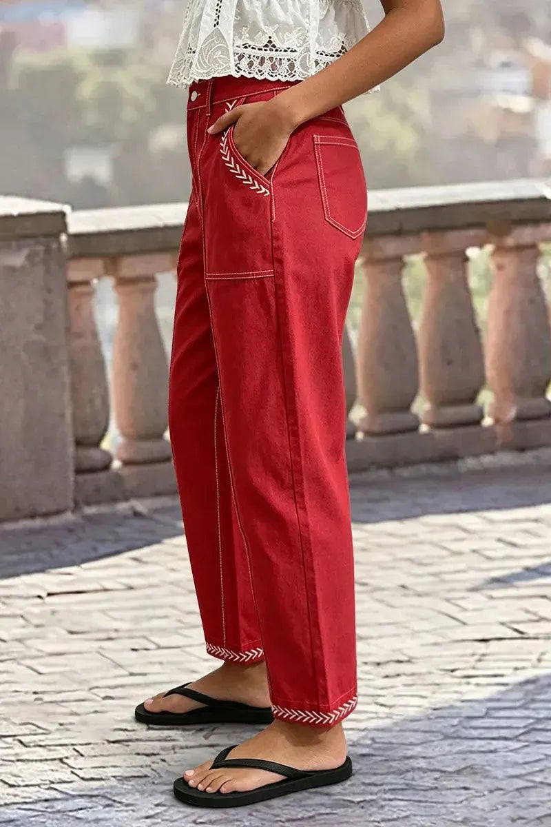 Contrast Stitch Mid Rise Barrel Leg Crop Pants