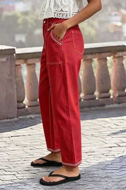 Contrast Stitch Mid Rise Barrel Leg Crop Pants