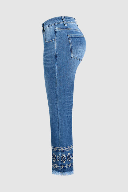 Wash Geo Embroidery Raw Hem Mid Waist Straight Leg Jeans Without Belt