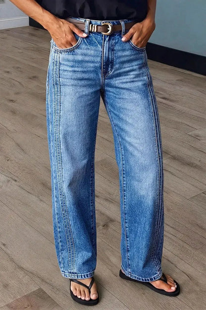 Wash Seam Front Mid Rise Straight Leg Jeans Without Belt