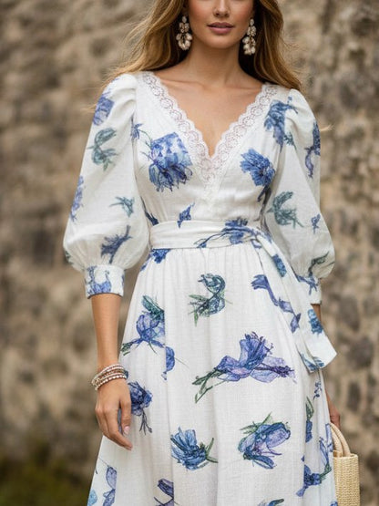 Robe longue en lin, Manches courtes, Col V, Fleurie, Dentelle, Vacances, Vintage, Bleue