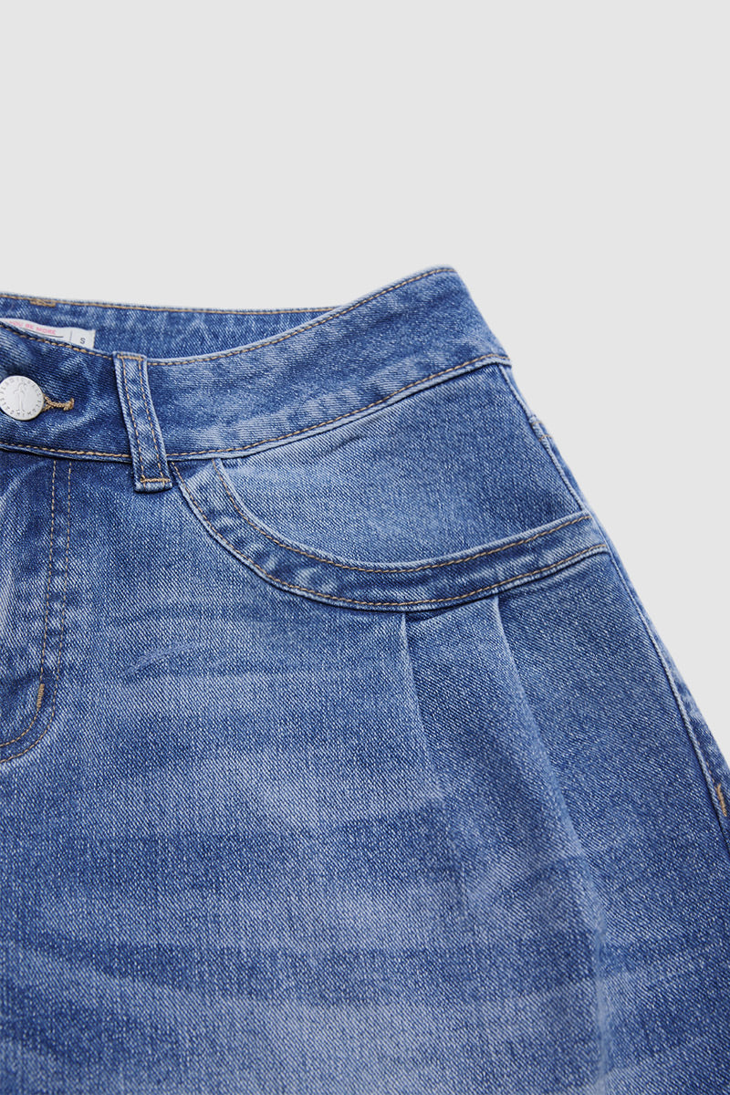 Ruffle Split Hem Pleated Mid Waist Wide Leg Jeans Without Belt