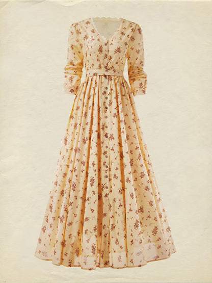 Robe longue en lin, manches longues, col en V, style cottagecore, mélange de lin, couleur abricot