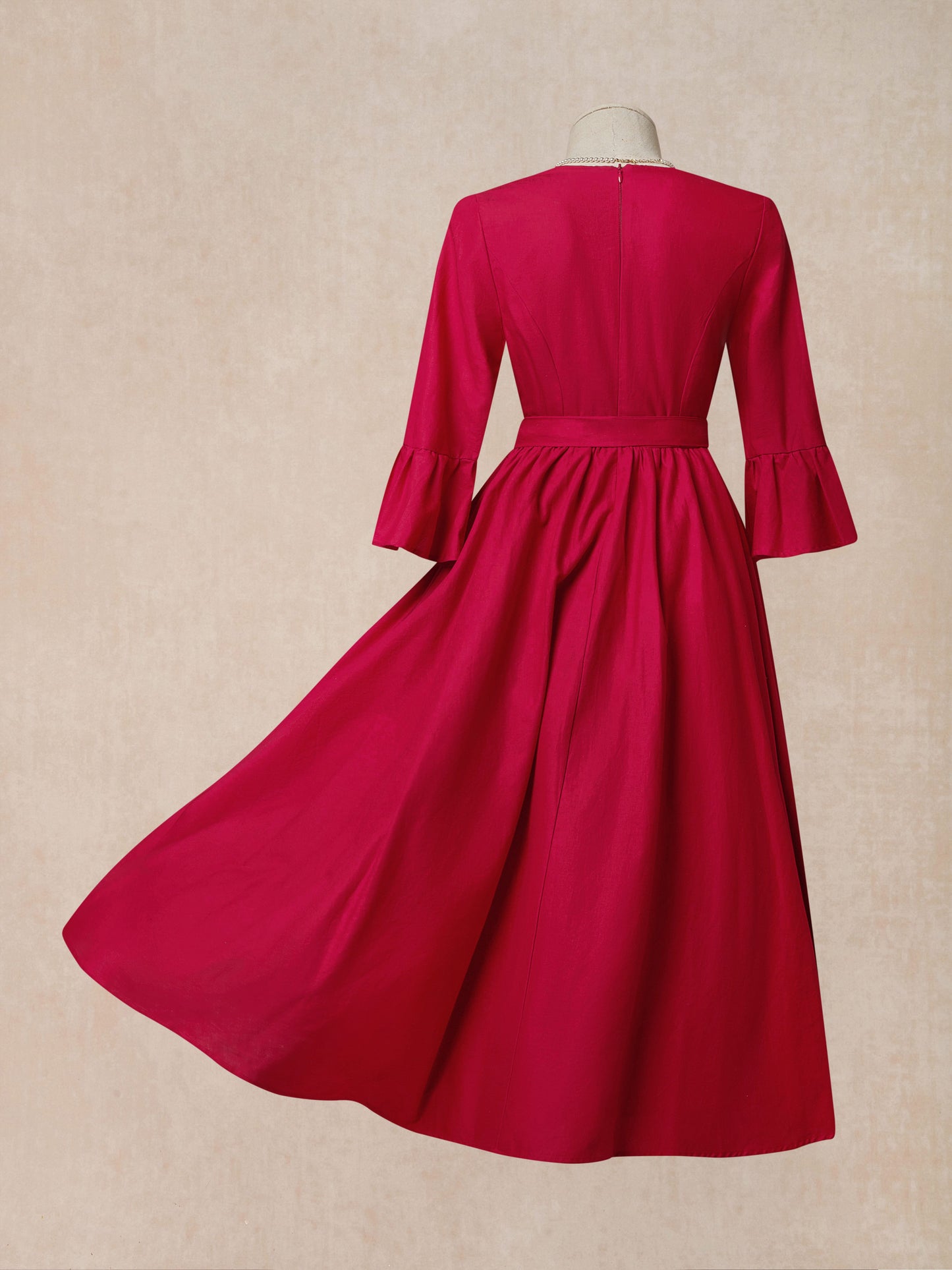Robe longue en lin, manches 3/4, col en V, style vintage inspiré de Jane, pour tea party, mélange de lin, rouge, ceinture