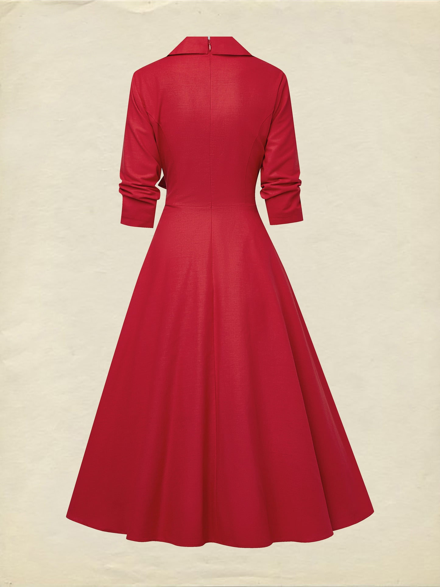 Robe Midi en Lin, Manches Mi-Longues, Col Châle, Unie, Boutonnée, Style Vintage Français, Rouge