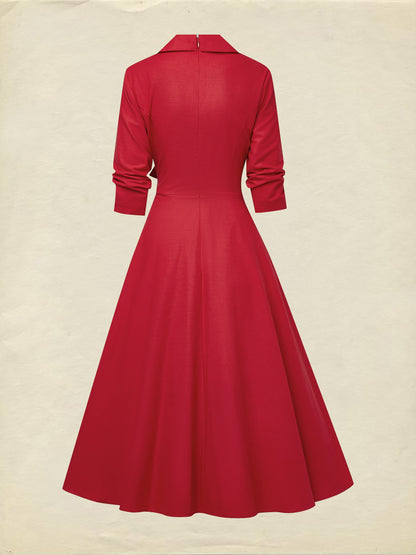Robe Midi en Lin, Manches Mi-Longues, Col Châle, Unie, Boutonnée, Style Vintage Français, Rouge