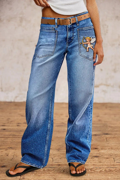 Valentine's Day Pattern Embroidered Patch Pocket Mid Rise Straight Leg Jeans Without Belt