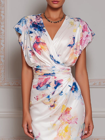 Ethereal Watercolor Floral Surplice Midi Dress