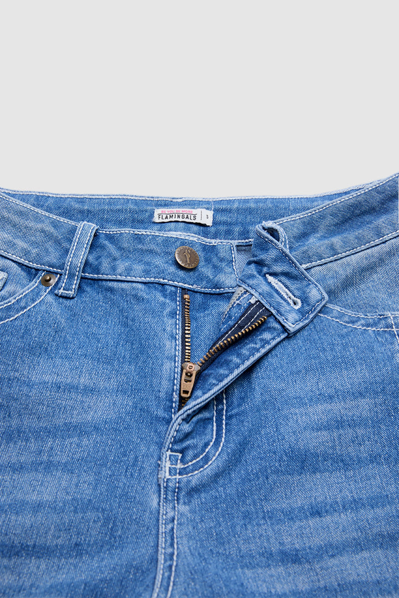 Stitch Detail Mid Waist Straight Leg Jeans