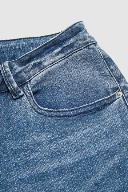 Pearl Button Side Raw Hem High Waist Skinny Jeans