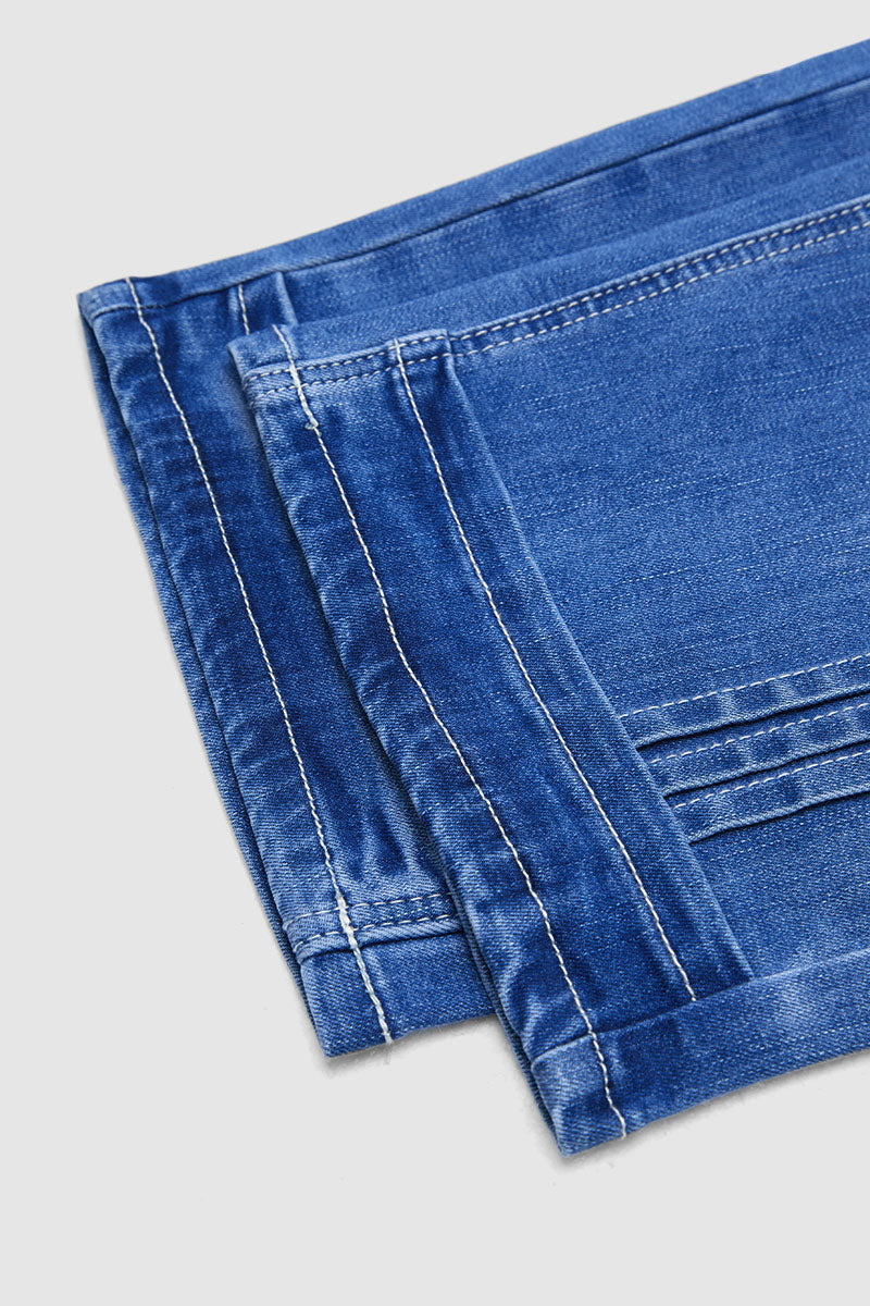 Wash Stitch Detail Mid Waist Straight Leg Capri Jeans Without Belt