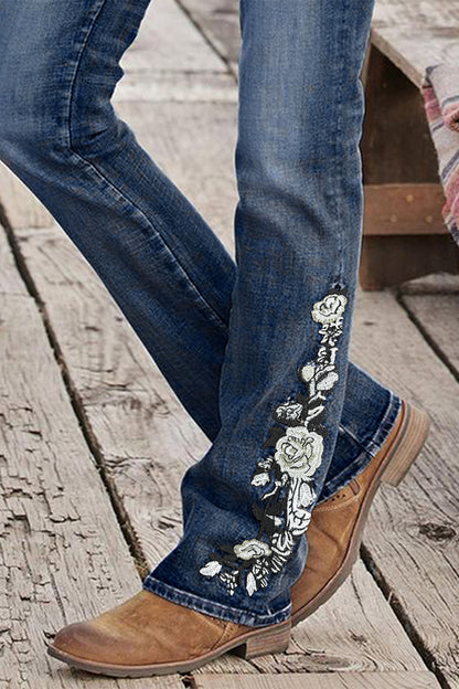 Washed Floral Embroidery Stretchy Mid Waist Bootcut Jeans
