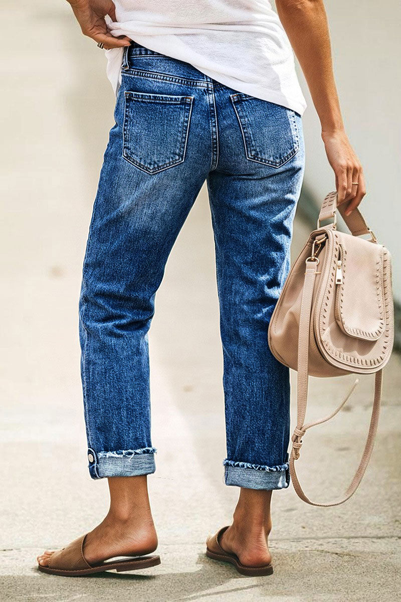 Wash Button Tab Roll Hem Mid Waist Straight Leg Crop Jeans