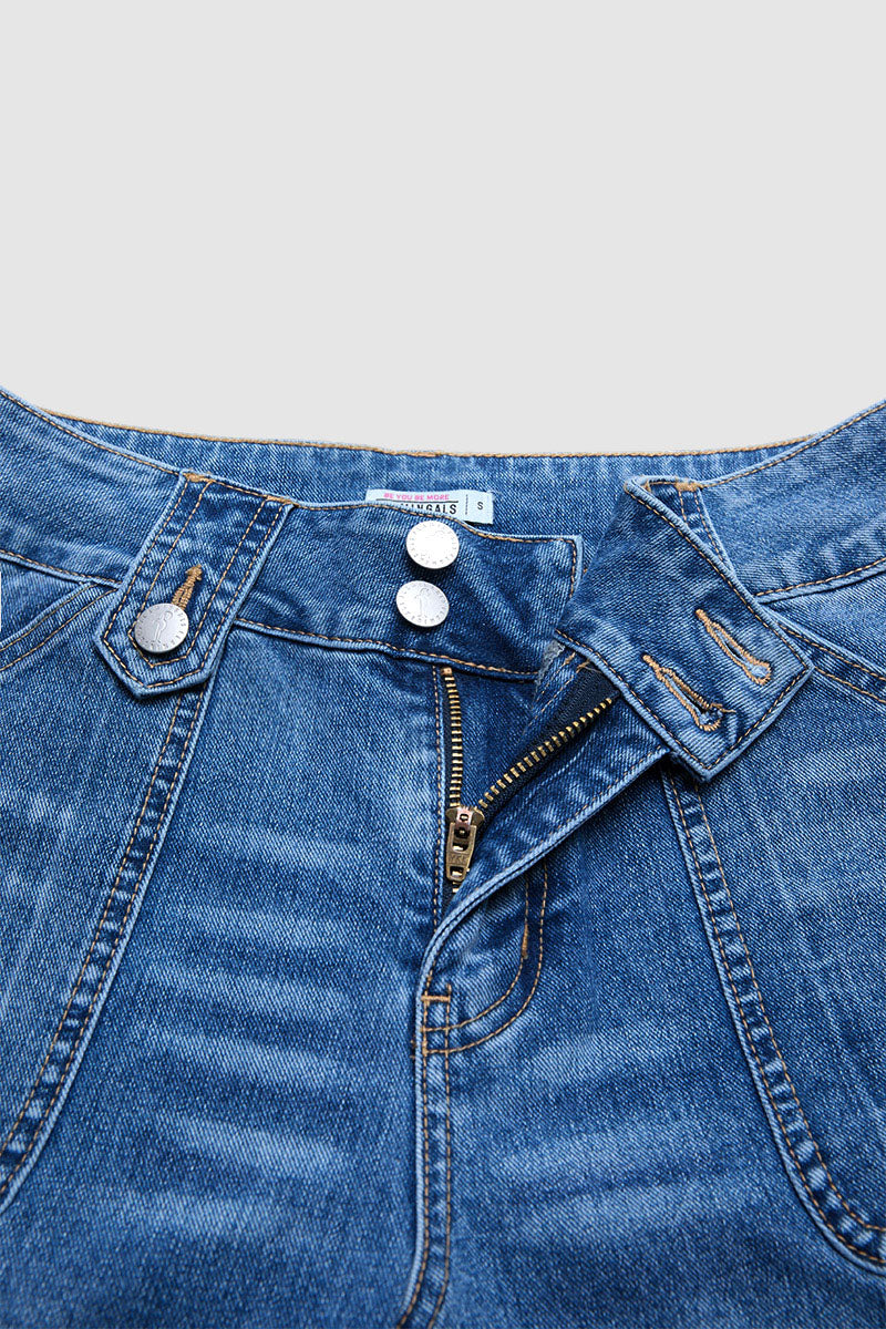 Stitch Detail Button Tab Wide Leg Mid Waist Jeans