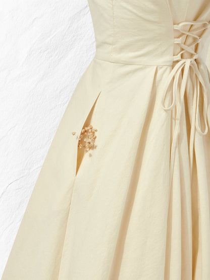 Robe midi en lin, manches courtes, col bateau, unie, vintage, blanc cassé