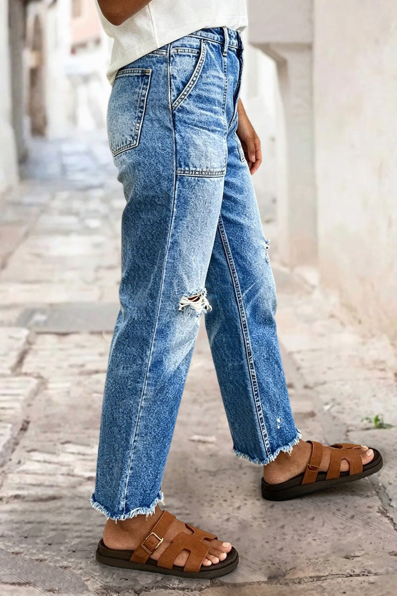 Raw Hem Ripped Mid Waist Straight Leg Crop Jeans