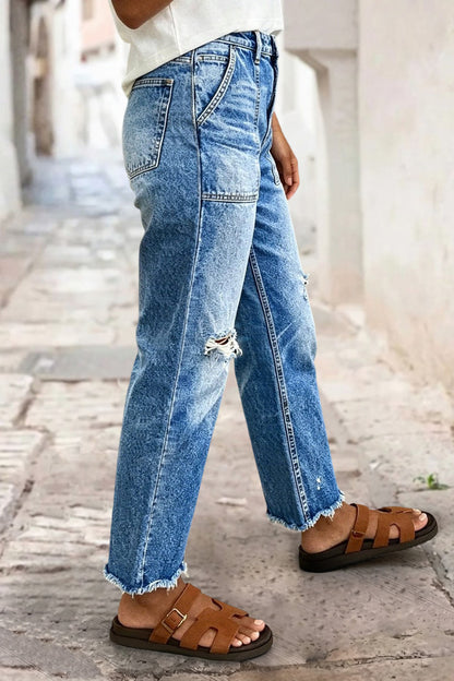 Raw Hem Ripped Mid Waist Straight Leg Crop Jeans