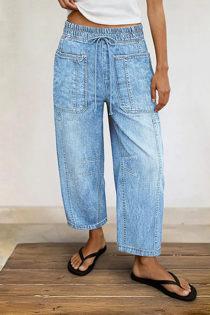 Drawstring Patched Pocket High Waist Barrel Leg Crop Jeans