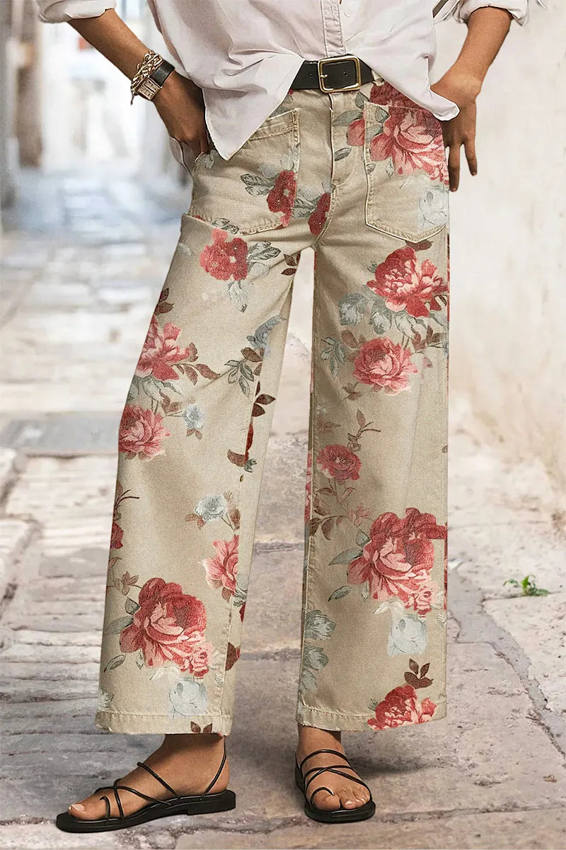 Floral Print Patch Pocket High Rise Straight Leg Pants Without Belt
