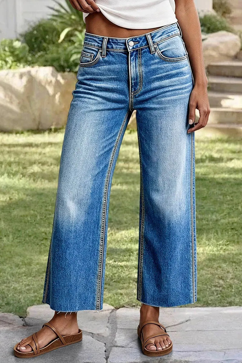 Wash Raw Hem Mid Waist Wide Leg Cropped Jeans
