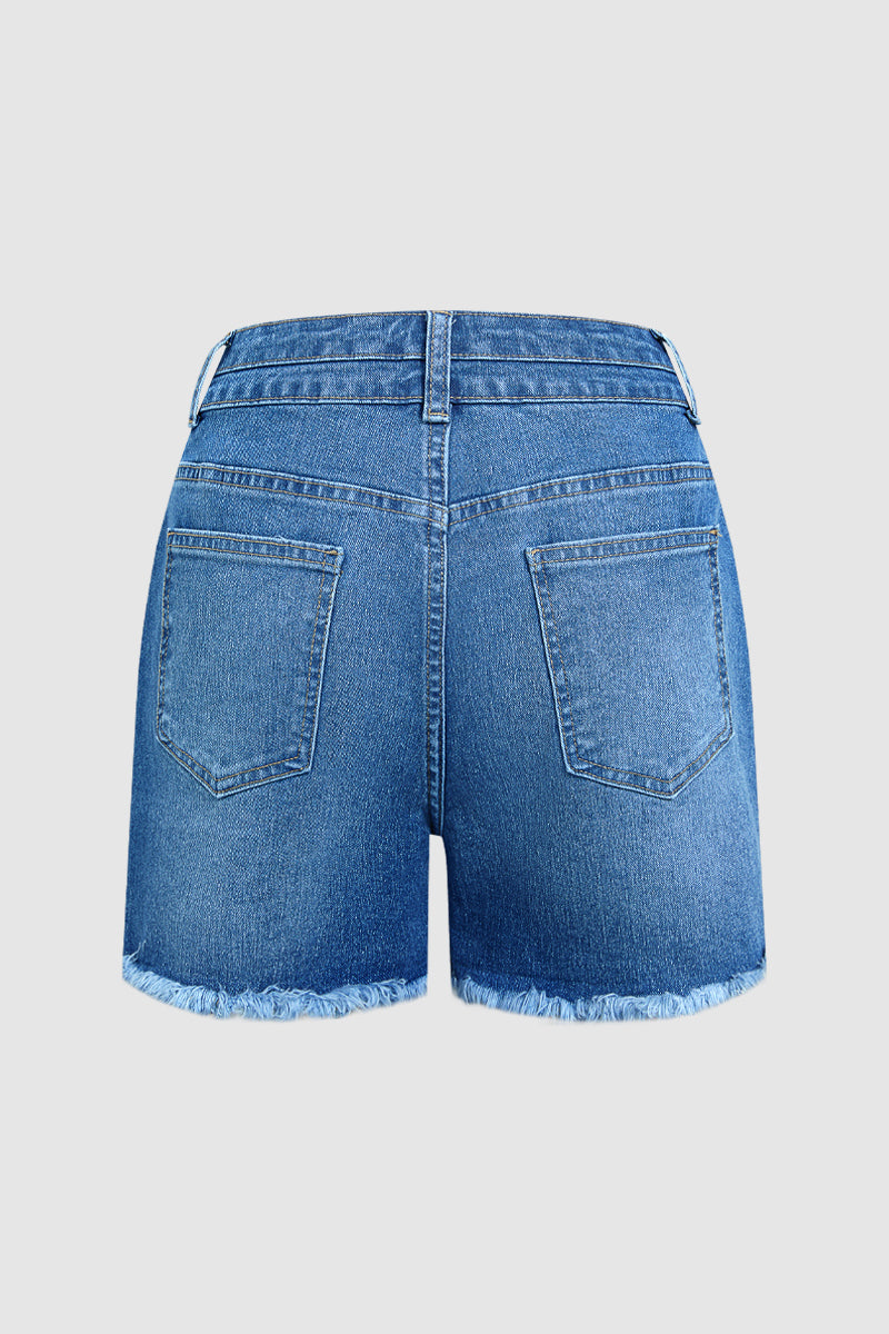 Wash Raw Hem Patched Pocket High Waist Denim Mid Thigh Shorts