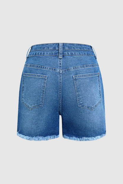 Wash Raw Hem Patched Pocket High Waist Denim Mid Thigh Shorts