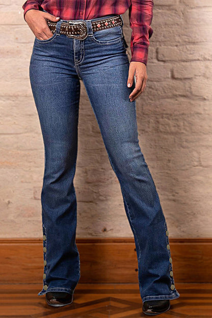 Wash Mid Waist Buttoned Hem Bootcut Jeans Without Belt