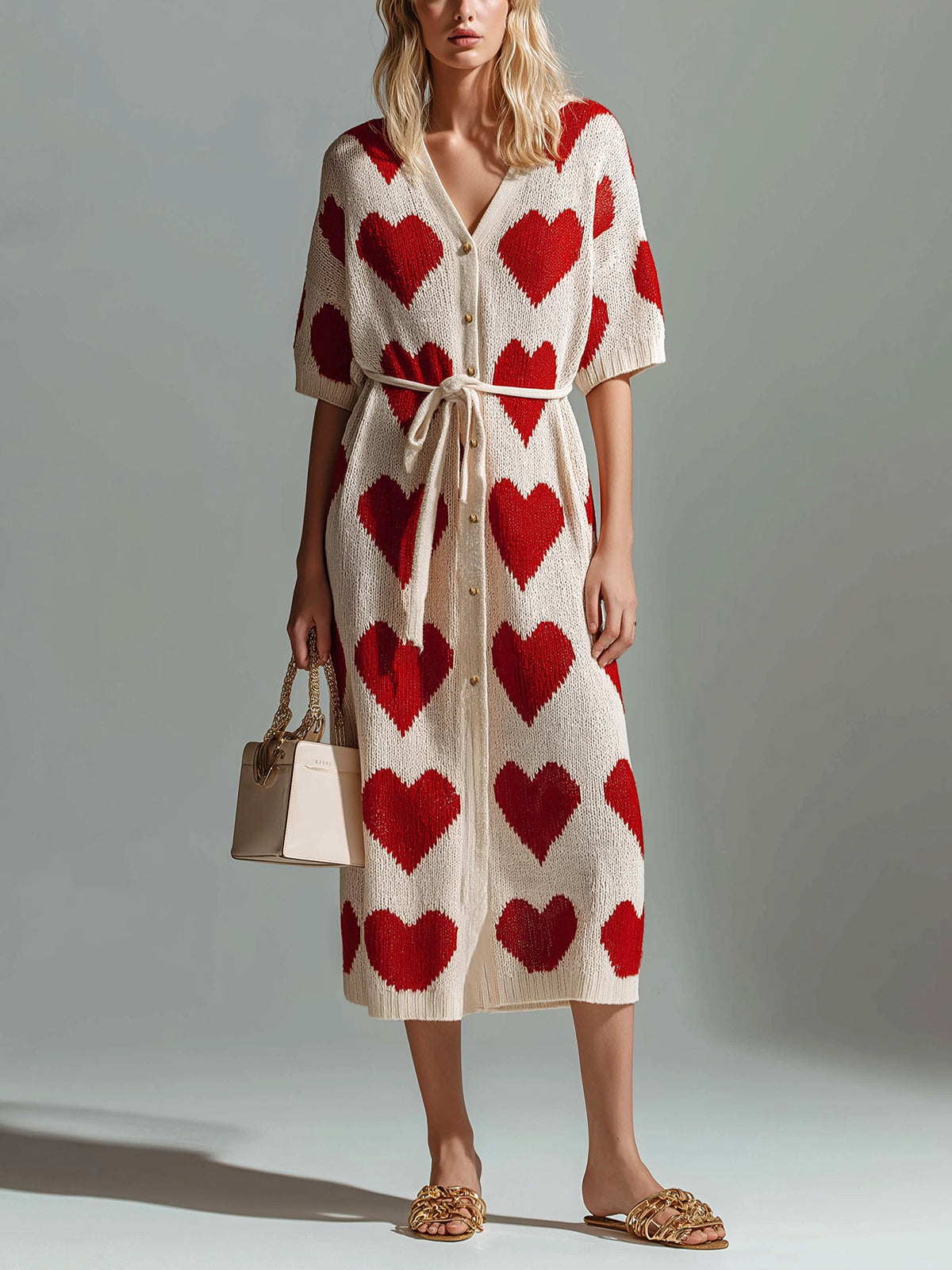 Chic Elegant Red-Beige Heart Pattern V-Neck Single-Breasted Short-Sleeve Loose-Fit Tie-Waist Knit Midi Dress