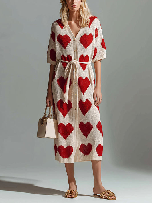 Chic Elegant Red-Beige Heart Pattern V-Neck Single-Breasted Short-Sleeve Loose-Fit Tie-Waist Knit Midi Dress